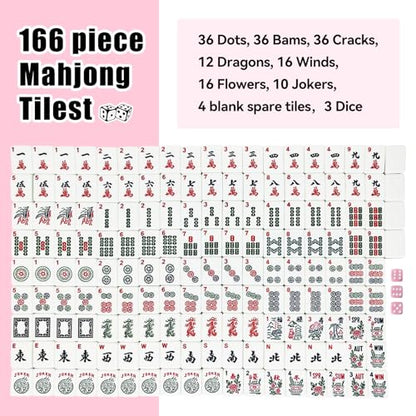 American Mahjong Tiles Set, 166 Pink Mahjong Tiles 1.2 Inch with Carrying Bag and 3 Dice, Portable American Mahjong Game for Travel, Family Game Night - color: Pink
