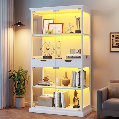Jocoevol Display Cabinet with Glass Doors, 4-Tier Curio Cabinet with with 2 Drawers for Collectibles, Modern Glass Display Case Human Body Sensor & RGB Lights for Living/Game Room (White) - color: White