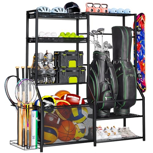 Large Sports Organizer for Garage, Ball Storage Rack Garage Sports Equipment Organizer with Side Racks, Baskets, Hooks, Multi-Purpose Golf Gear Storage for Gym Indoor Outdoor