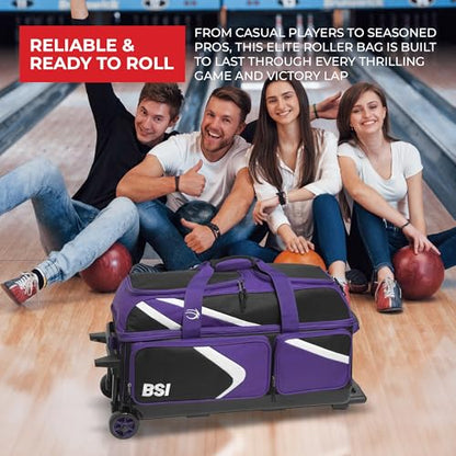 BSI Dash Roller Bowling Bag with Smooth Rolling Wheels, Padded Ball Compartment, Retractable Locking Handle, & Shoe Pocket - color: Black/Purple/White, style: Triple