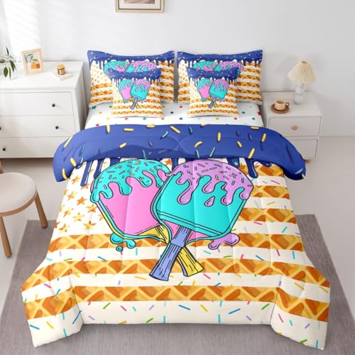Erosebridal Table Tennis Full Bedding Set 7 Piece for Teens - Navy Ice Cream Drip Candy Bed in A Bag with Sheets Plaid American Flag Comforter Set,Ball Sports Lover Style Bed Sets - color: Navy Blue Purple, size: Full