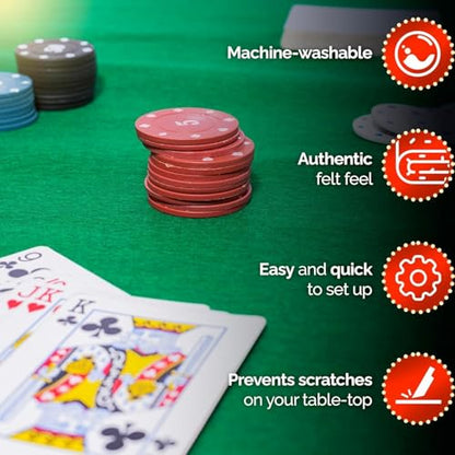 Felt Card Game Table Cover for Playing Cards Poker, Mahjong, Domino, Bridge and Board Game, Elastic Fitted Tablecloth for 58 to 64 Inch Round Tables- Green