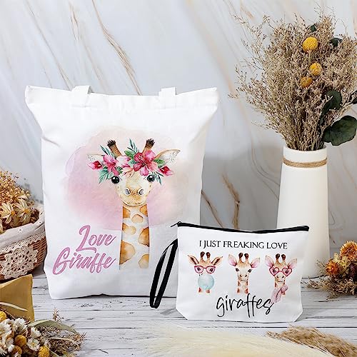 Sieral 2 Pcs Animal Lover Bag Gift for Women Travel Canvas Tote Portable Zipper Pouch Canvas Reusable Grocery Tote - style: Giraffe