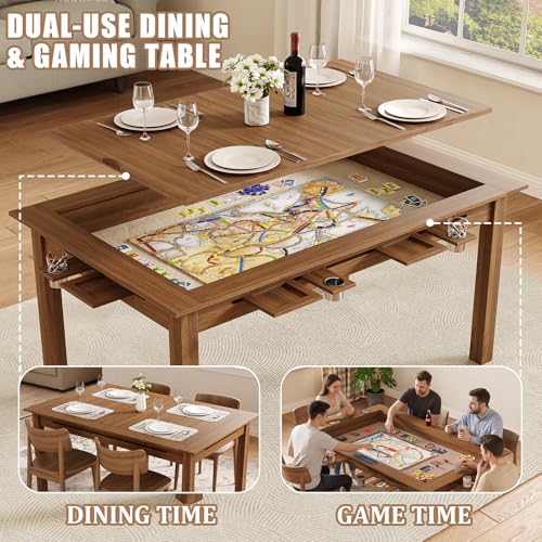 Board Game Table with Removable Top, 63" Dining/Gaming Table for 4-6 Players with 53in x 31.5in Play Area, Includes 6 Cup Holders & Trays, Rustic Brown (Game Mat Not Included) - color: Rustic Brown