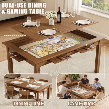 Board Game Table with Removable Top, 63" Dining/Gaming Table for 4-6 Players with 53in x 31.5in Play Area, Includes 6 Cup Holders & Trays, Rustic Brown (Game Mat Not Included) - color: Rustic Brown