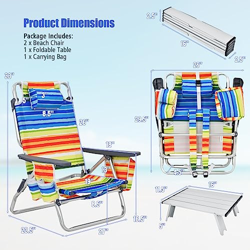 Tangkula Backpack Beach Chair with Table, 5-Position Lay Flat Beach Chairs with Cooler Bag, 2 Cup Holders, Towel Bar, Lightweight Low Folding Beach Chair with Backpack Straps - color: Yellow, style: 2 Pack with Table