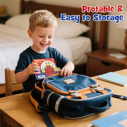 WMXDU Mini Magnetic Tiles with Iron Case, Magnetic Building Toys Kid's Travel Essential Portable Creativity On-The-Go Magnet Blocks STEM Travel Toys for Toddler Boys Girls Ages 3+, 26-Piece - style: 26pcs-Orange