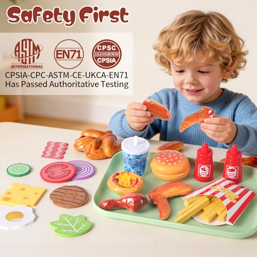 Wooden Play Food for Kids Kitchen Set with 10 Stacking Challenge Cards, 40+ Pcs Fake Fast Food Hamburger Toy with Roast Chicken & Play Money, Pretend Play Toys Birthday Gift for Toddlers Age 2-6