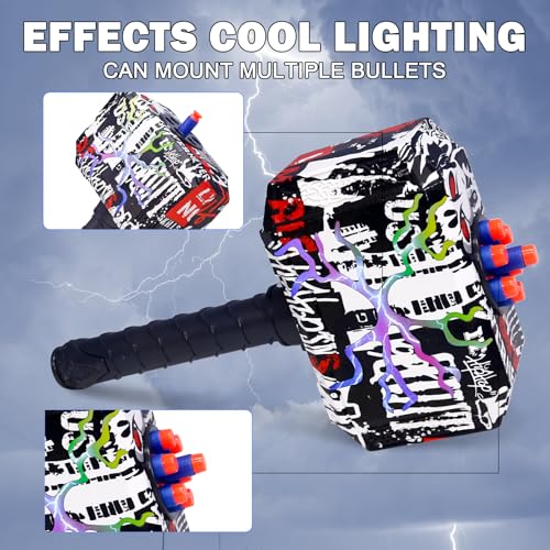 Dart Blasting Hammer Toys with Lights | Kids Roleplay Toy Thunder Mjolnir Shooting Games for Kids, Birthday Gift, Party Favors Includes 30 Darts 1 Target(Colorful)