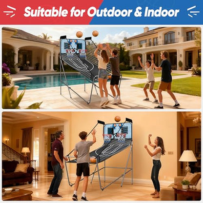 Foldable Indoor Basketball Arcade Game with Electronic Scoreboard 4 Balls and Pump, Double Shot Electronic Sport Game for Two Players