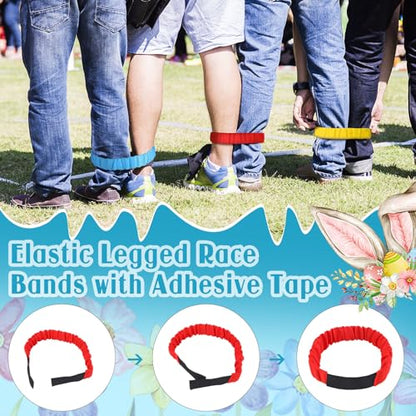 JellyArch 34 Pcs Easter Outdoor Toss Party Games Includes Potato Sack Race Jumping Bags Egg Spoon Race Inflatable Bunny Ring Toss Games Bean Bags Legged Race Bands Game Banner for Easter Hunt Party