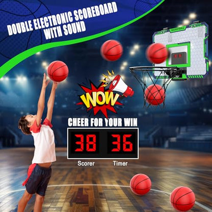 Indoor Basketball Hoop for Kids, Over The Door Mini Basketball Hoop with Scoring & Countdown, Remote Control, 3 Balls & Sound Effects, Birthday & Christmas Toys Gifts for 4-12 Year Old Girls Boys