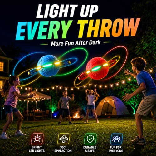2 Pack LED Light Up 6-Lights Magic Bouncing Ball Toy, Transforming Flying Disc Ball, Pop-Up Rebound Ball, Outdoor Toss & Catch Interactive Sports Game for Backyard Play