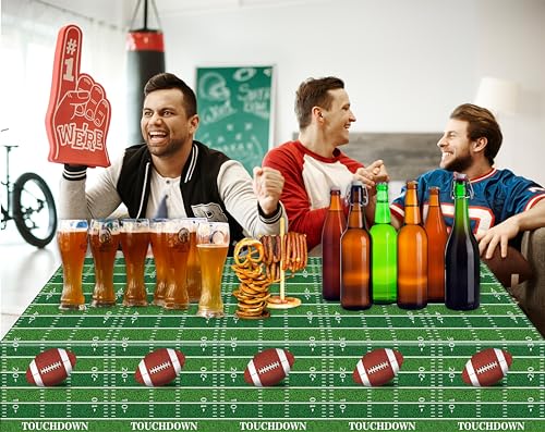 Kesfey 3 Packs Football Tablecloth 54 x 108 Inches Green Football Field Touchdown Tablecover Disposable Plastic Rugbyl Themed Birthday Table Cloth Gameday Tailgate Rugby Tablecloths for Superbowl - color: Green Football