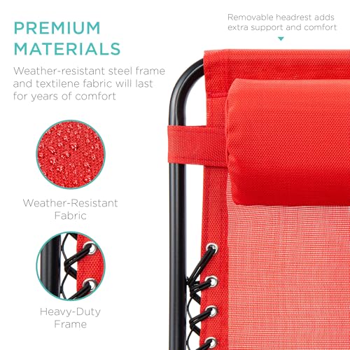 Best Choice Products Set of 2 Adjustable Steel Mesh Zero Gravity Lounge Chair Recliners w/Pillows and Cup Holder Trays - Crimson Red - color: Crimson Red, size: Standard