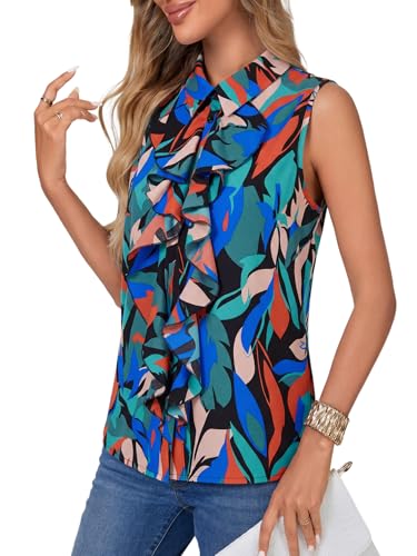 Vrtige Women's Summer Tank Top Button Down Ruffle Front Collar Neck Sleeveless Blouse Shirt Top - color: Abstract Patterns, size: Small