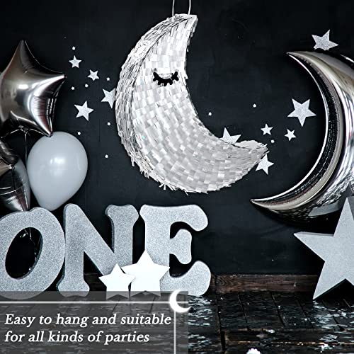 Deekin Silver Moon Piñata Hanging Gender Reveal Piñata Half Moon Decorations with Blindfold and Stick for Birthday Party Supplies, 15.7 x 6.5 x 3 Inches - style: Silver Moon