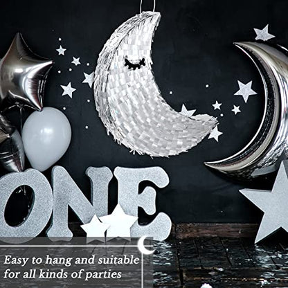Deekin Silver Moon Piñata Hanging Gender Reveal Piñata Half Moon Decorations with Blindfold and Stick for Birthday Party Supplies, 15.7 x 6.5 x 3 Inches - style: Silver Moon