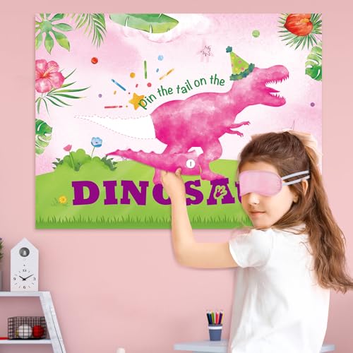 WERNNSAI Pin The Tail on The Dinosaur - Girl Dinosaur Party Decorations Pink Dino Party Games for Birthday Celebration Supplies 21" x 28" Poster with 24 PCS Tails Stickers - style: Dinosaur F 002