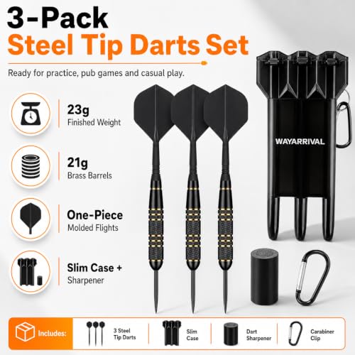 Steel Tip Darts Set 23g, 3 Pack with Brass Barrels and Case | 23g steel tip darts, 21g brass barrels, integrated flights, sharpener, slim case, for bristle dartboards