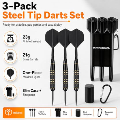 Steel Tip Darts Set 23g, 3 Pack with Brass Barrels and Case | 23g steel tip darts, 21g brass barrels, integrated flights, sharpener, slim case, for bristle dartboards