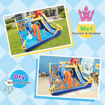 JOYLDIAS Inflatable Water Slide,Water Park Bounce House,Slide Bouncer Castle Playhouse w/Splash Pool, Climbing Wall, Trampoline，Felt Ball Target, Ring Toss Game for Kids Outdoor Fun, 550W Air Blower - color: Multicolor