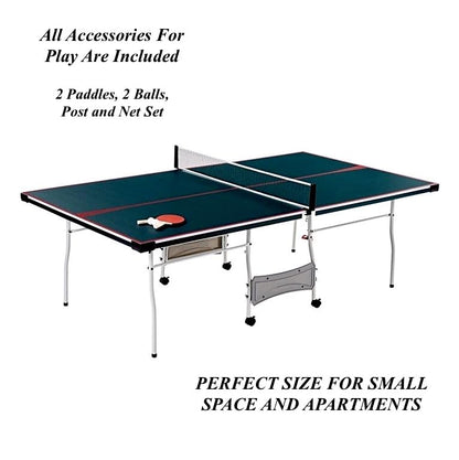 Mid Size Folding Rolling Table Tennis Table Indoor Ping Pong Table 2 Paddle 2 Balls Net Post Set Four 2" Locking Caster Wheels for Easy Movement Space Saving Fold-Up Design for Single-Player Action