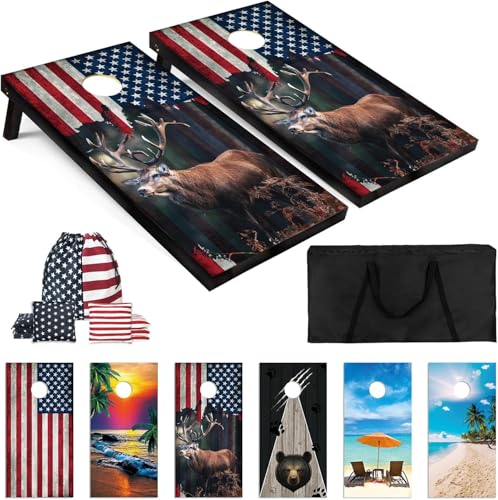 Cornhole Board Set 4x2 Regulation Size Cornhole Set with Carrying Bags & 8 Bean Bags Corn Hole Boards Bean Toss Game for Adults Family Outdoor Lawn Outside Backyard Games - color: Deer