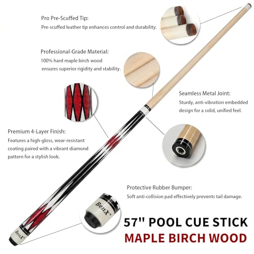 57" Billiard Cue Stick - Maple Birch Wood Pool Cue for 8-Ball & 9-Ball, 13mm Pre-Scuffed Tip, Seamless Metal Joint, 4-Layer Gloss Finish - color: Red