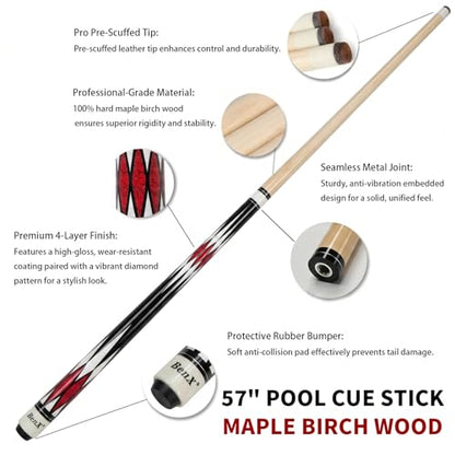 57" Billiard Cue Stick - Maple Birch Wood Pool Cue for 8-Ball & 9-Ball, 13mm Pre-Scuffed Tip, Seamless Metal Joint, 4-Layer Gloss Finish - color: Red