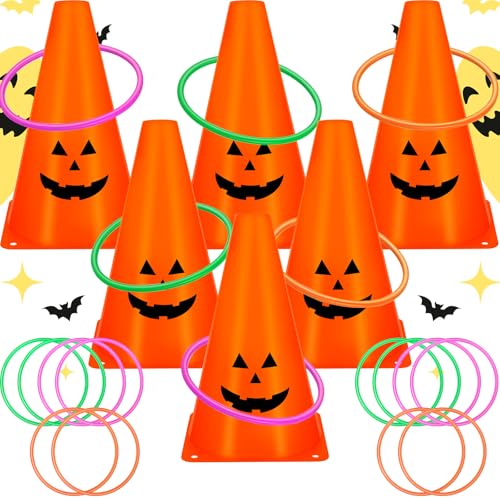 24 PcsHalloween Ring Toss Game Outdoor Carnival Party Games Include 6 Plastic Cones 18 Toss Rings for Halloween Party Games Indoor Outdoor Yard Activities - color: Orange