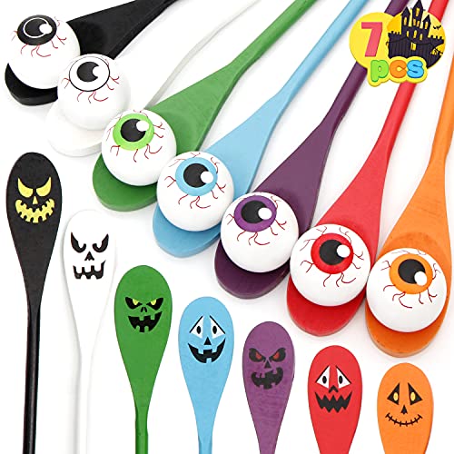 JOYIN 7 Player Halloween Egg and Spoon Race Game Set for Kids, Eyeballs and Spoons with Assorted Colors for Halloween Outdoor Fun Game, Halloween Party Favor and Supplies, Themed Games Treats Gifts
