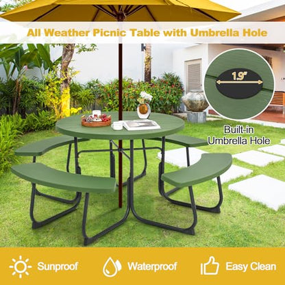 Tangkula 8 Person Picnic Table, Outdoor Round Picnic Table with 4 Built-in Benches, Umbrella Hole, Metal Frame & HDPE Tabletop, Outside Table and Bench Set for Backyard, 2300lbs Weight Capacity - color: Green
