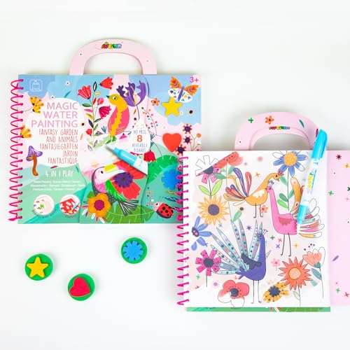 Avenir Reusable Water Coloring Book for Toddlers 3-5 Years, Road Trip & Airplane Mess-Free Portable Educational 4 in 1 Creative Set Water-Reveal Paint Activity Doodle Pad Kids Art Crafts - color: Fantasy Garden