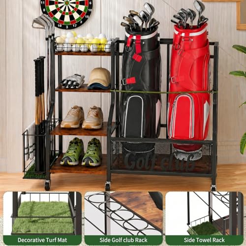 HavenlyYouth Golf Bag Storage Organizer for Garage – Fits 2 Bags, 360° Swivel Wheels, Wood Shelves, Anti-Tip Straps