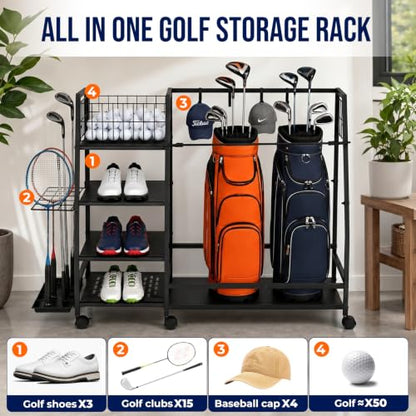 Golf Bag Storage Rack, Heavy Duty Golf Organizer with 4 Storage Zones & Lockable Wheels, Multi-Function Golf Bag Stand for Garage Basement Golf Club