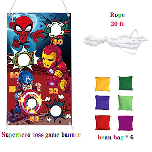 Superhero Themed Toss Games Banner with 6 Bean Bags-Fun Superhero Indoor Outdoor Throwing Game Party Supplies for Kids in Family Games, Superhero Themed Party, Carnival Games (Red)