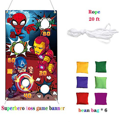 Superhero Themed Toss Games Banner with 6 Bean Bags-Fun Superhero Indoor Outdoor Throwing Game Party Supplies for Kids in Family Games, Superhero Themed Party, Carnival Games (Red)