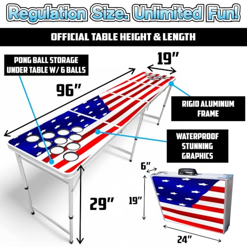 8-Foot Regulation Length Folding Table w/Optional Cup Holes, LED Lights, Custom Graphic (Choose Your Model) - color: Stars & Stripes, style: w/ Cup Holes