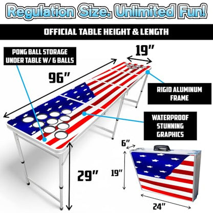 8-Foot Regulation Length Folding Table w/Optional Cup Holes, LED Lights, Custom Graphic (Choose Your Model) - color: Stars & Stripes, style: w/ LED Lights & Cup Holes