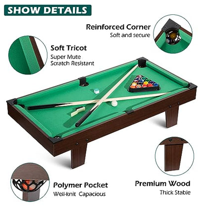 Portable Pool Table & Billiard Set, Mini Billiards Game, Small Tabletop Pool Set Includes Balls, Sticks, Chalk, Brush & Triangle for Family