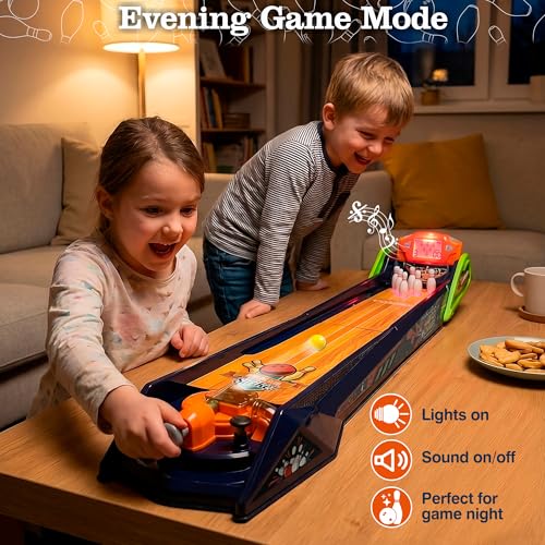 Bowling Game — Electronic Tabletop Arcade Game with LCD Auto Scoring, Lights & Sound, Spring-Loaded Launcher & 1-2 Player Modes — Mini Bowling Set for Kids - style: Bowling