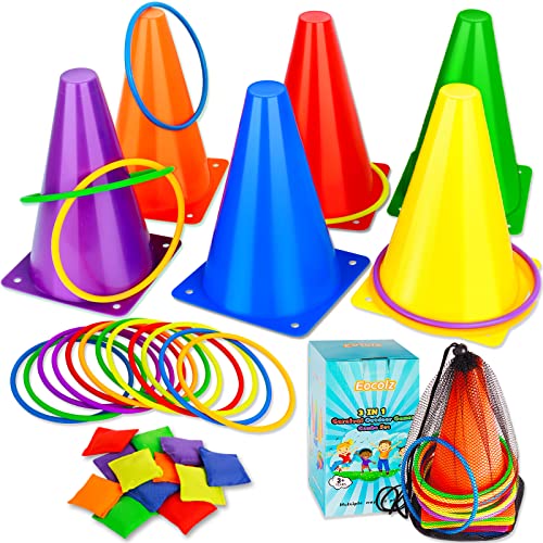 Eocolz 3 in 1 Carnival Games Set, Soft Plastic Cones Bean Bags Ring Toss Games for Kids Birthday Party Outdoor Games Supplies Combo Set - color: purple