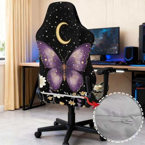Butterfly Daisy Print Gaming Chair Covers Slipcovers 4Pcs with Armrest Cover Moon Star Print Gamer Chair Cover Set 4Pc/Set Easy to Install Home Decorations - color: Black and Multi - Butterfly Daisy Moon Star