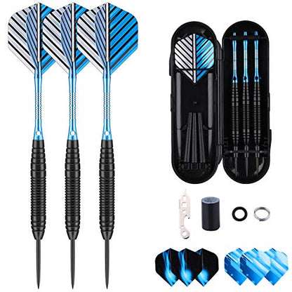 Darts Metal Tip Set - 3 Pack Professional 22 Grams Steel Tip Darts with Slim Case Black Purple Blue Aluminum Shafts 9 Flights 50 Rubber O'Rings 1 Dart Sharpener 12 Spring Rings - color: 22 Grams - blue
