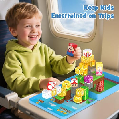 49PCS Mini Magnetic Tiles Travel Toys for Kids Ages 4-8, Magnetic Building Blocks Adventure Set with Portable Iron Storage Box & Play Base, STEM Learning Activities for Toddlers 3-5 - style: Game Magnetic Building Blocks Travel Set Toys - 49PCS