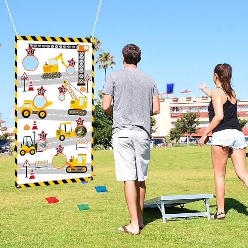 Construction Truck Toss Game Banner with 4 Bean Bags ，Indoor Outdoor Excavator Throwing Theme Party Game Banner with 7 Score Holes for Adults Birthday Party Decorations （Yellow）