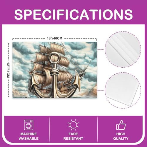 Erosebridal Anchor Placemats Set of 4 12x18 Sailboat Place Mat for Kids Teens Men Ocean Nautical Sea Waves Adventure Teal Blue Heat Resisting Table Mats - color: Teal Blue