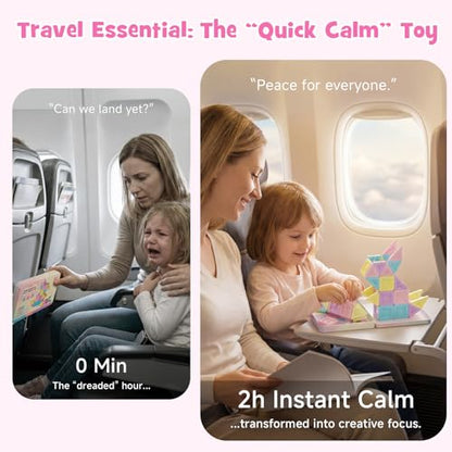 burgkidz Travel Magnetic Tiles for Girls : 40 PCS Macaron Mini Magnet Blocks with Pink Tin Box - 120 Mins Quiet Play for Airplane Car Essentials, Present for Girls Ages 3-8 Year Old