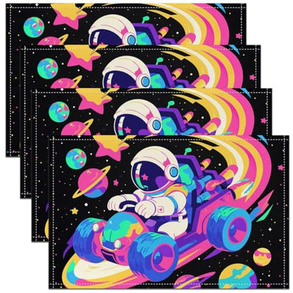 Kids Cartoon Astronaut Car Place Mats 12x18 Inch Set of 4 Colorful Stripes Outerspace Planets Graffiti Table Mats for Boys Girls Teens Cute Racing Car Hippie Kitchen Mats for Dining Table - color: Blue Pink Purple Yellow